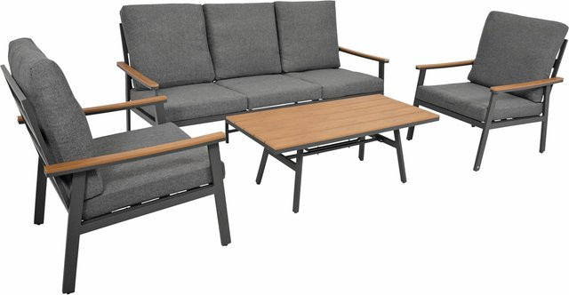 DEGAMO Lounge Set CALGARY 4-teilig aus Aluminium in Anthrazit und Kunstholz in Braun mit grauen Polstern - Bild 1