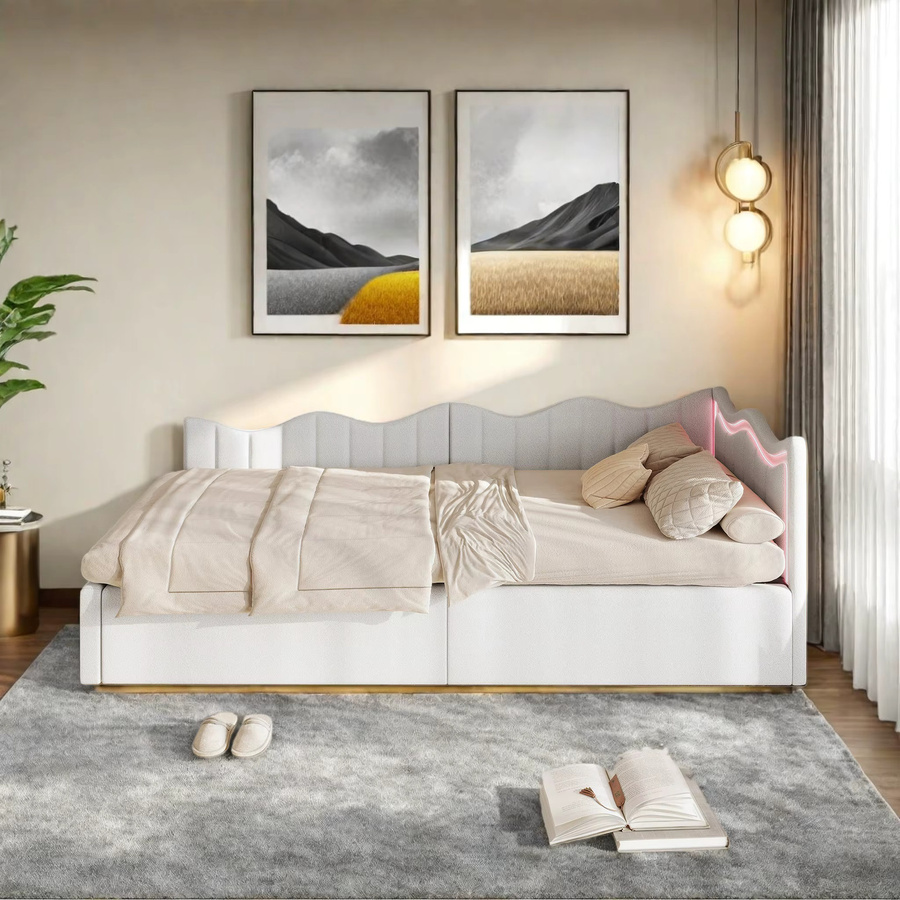 Creahappy Polsterbett als Schlafsofa mit hydraulischem Stauraum und Lichtleiste am Kopfteil, Farbe: Weiß, B/T: 90 x 200 cm - Bild 3