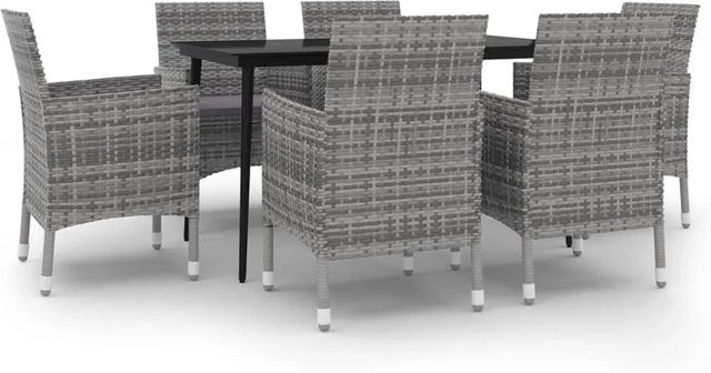 vidaXL 7-teilige Garten-Essgruppe aus Poly Rattan und Glas in Grau mit Auflagen - Bild 1