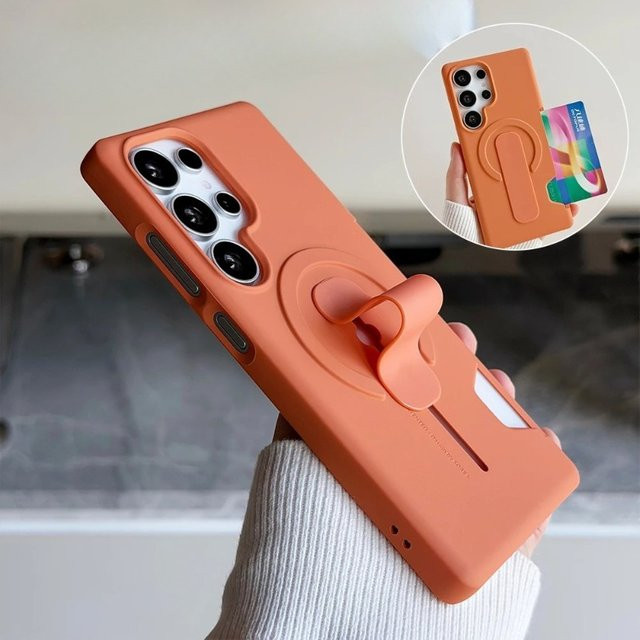 MagSafe Magnetische Hülle für Samsung Galaxy S25 S24 Plus Ultra mit Push-Pull-Ringhalter und Kartenfach in Orange - Bild 1