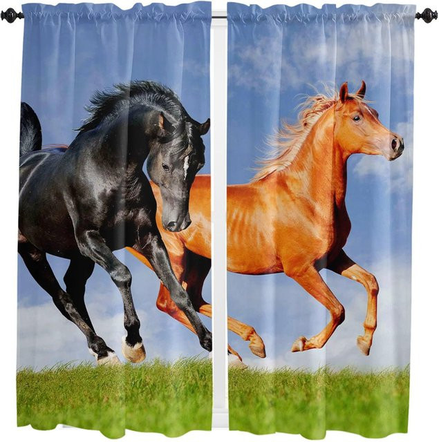 Verdunkelungsvorhänge mit Pferde-Tiermotiven von Yiran Furniture, Mehrfarbig, B: 55 cm, H: 120 cm, 2er-Set mit Ösen - Bild 1
