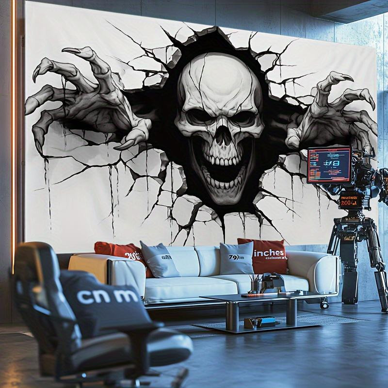 JMG Household Supplies Halloween Totenkopf Wandteppich mit 3D-Riss-Design in Schwarz-Weiß, Breite: 40 cm, Höhe: 60 cm - Bild 2