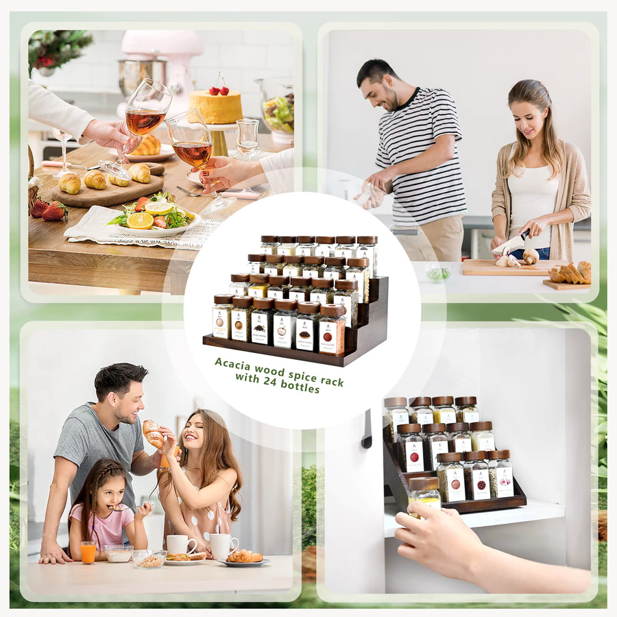 SAEIV 24-teiliges Gewürzgläser-Set aus Glas mit 4-stufigem Gewürzregal aus Akazienholz und Organizer für deine Küchenarbeitsplatte, transparent - Bild 5