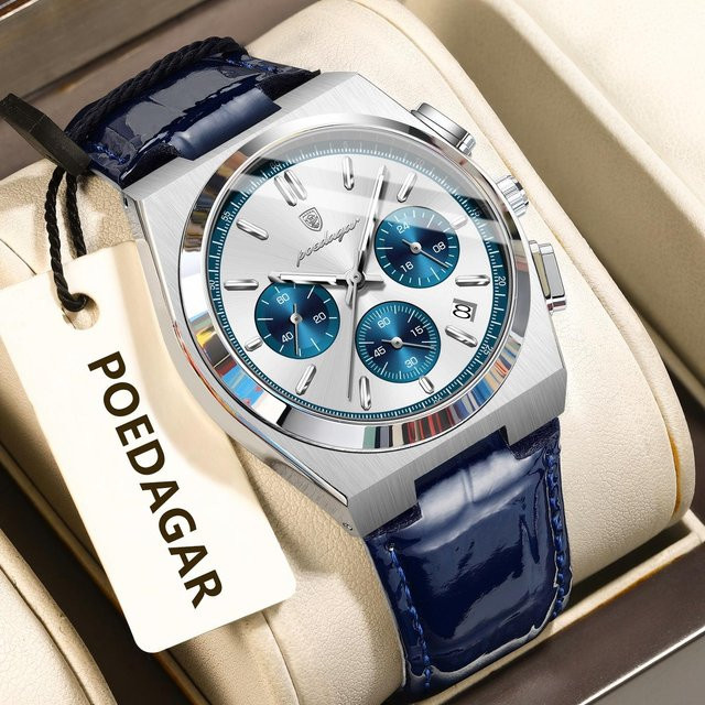 POEDAGAR Chronograph, Quarz, Leder, Silber, Herren - Bild 1