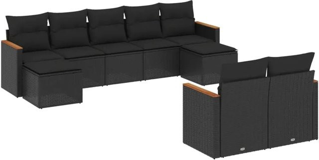 vidaXL 9-tlg. Garten-Sofagarnitur in U-Form aus Polyrattan und Akazienholz in Schwarz mit Sitzkissen und Rückenkissen - Bild 1