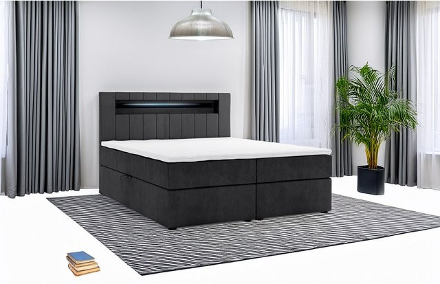M-Punkt Boxspringbett KUBA mit Bettkasten, Visco Topper und LED-Unterbettbeleuchtung, Webstoff, Schwarz, B/T: 200 x 200 cm - Bild 1