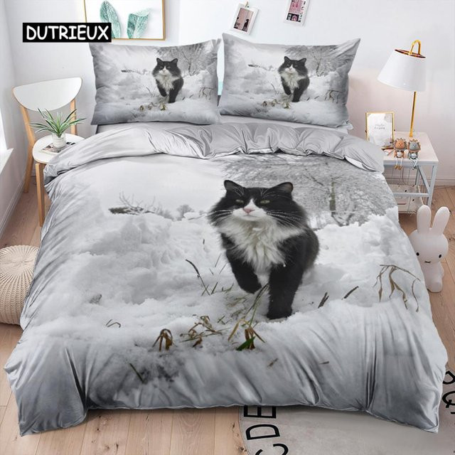 Bettwäscheset mit schwarzem Katzen-Motiv von Binchi Outdoor Product, 2-teilig aus Mikrofaser, Farbe: Schwarz, B/H: 140 x 210 cm - Bild 1