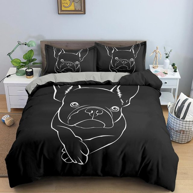 Binchi Outdoor Product Bettwäsche-Set mit Cartoon Bulldogge, 3-teilig aus Mikrofaser, Schwarz, B/H: 200 x 230 cm - Bild 1