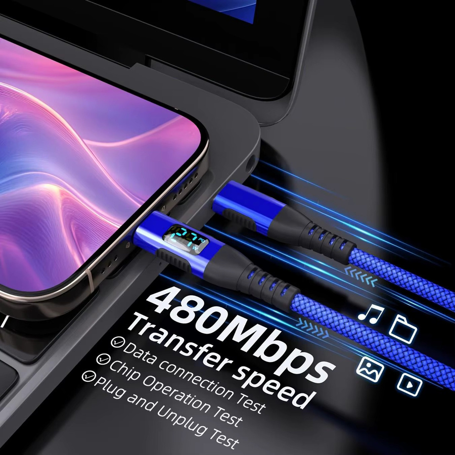LAIHONEN USB-C zu Lightning Kabel mit LED-Anzeige und blauer Nylon-Ummantelung für schnelles Laden von iPhone und iPad - Bild 4