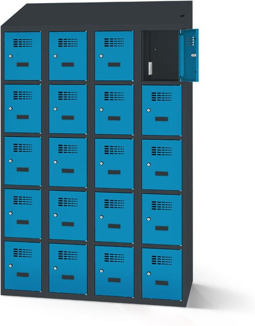 rotstahl Fächerschrank mit 20 Fächern und Ladefunktion, Korpus Anthrazitgrau, Türen Blau, B: 120 cm, H: 200 cm - Bild 1