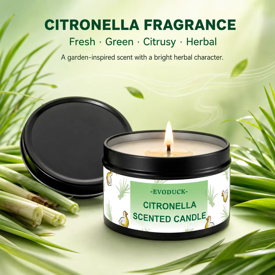 EVODUCK Citronella-Kerze für draußen mit frischem Zitronengras-Duft, schwarze Metall-Tischkerze, rund - Bild 5