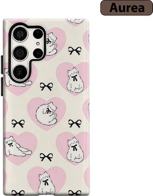 Potdemiel Handyhülle mit Herz-Kätzchen-Schleife Charm für Samsung Galaxy S25 Ultra, S24 und S23 Ultra Plus, stoßfeste Doppelschicht Rückabdeckung - Bild 1