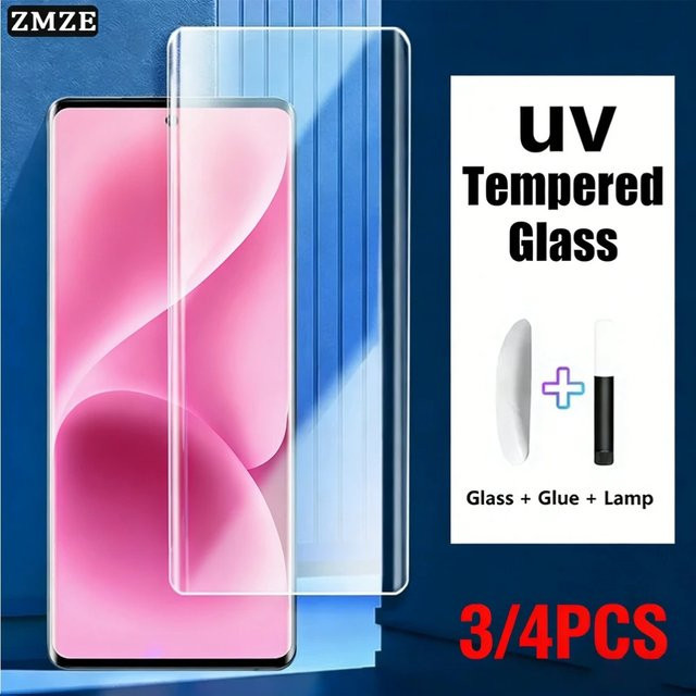 Set aus 3 oder 4 UV-Displayschutzfolien aus gehärtetem Glas für Realme 14 Pro und 14 Pro Plus, kratzfester HD-Bildschirmschutz mit Vollkleber für gebogene Displays, transparent - Bild 1