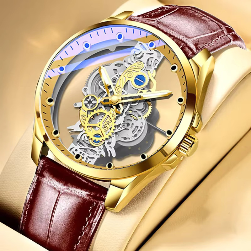 WOONUN Armbanduhr, Quarz, Gold, Leder, Herren - Bild 2