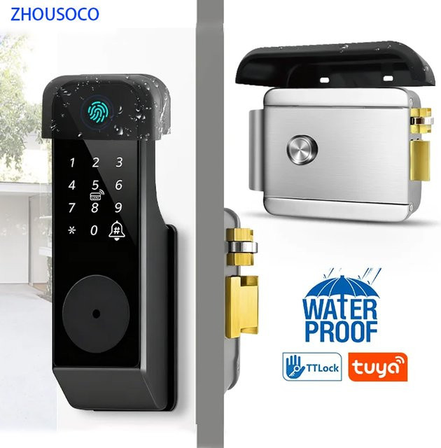 Tuya Smart Türschloss in Schwarz mit Fingerabdruck, Bluetooth, Wifi und TTLock App-Steuerung, IP65 wasserdicht und schlüssellos mit digitalem Code - Bild 1