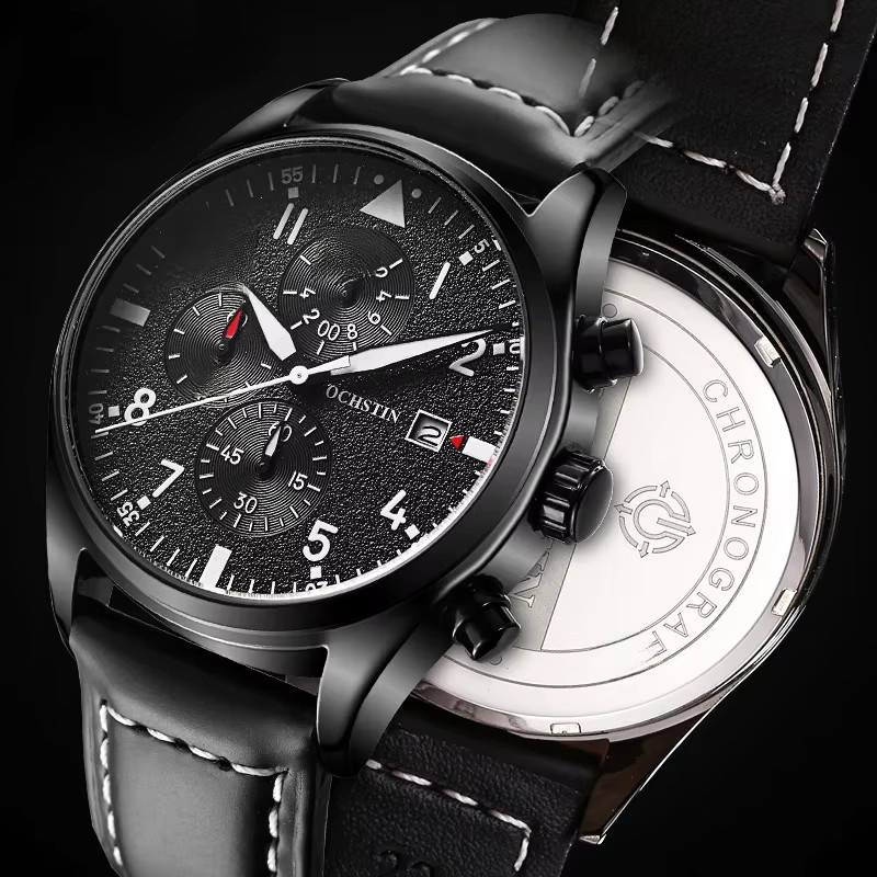 OCHSTIN Chronograph Armbanduhr, Quarz, Leder, Schwarz, Herren - Bild 1