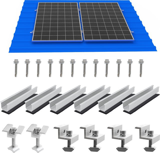 CP-SETUNO Solarpanel-Montagehalterungsset mit 120 mm Mini-Schienen, Mittelklemmen, Endklemmen und Gummipolstern in Silber für Schindeln, Schiefer und Holz - Bild 1