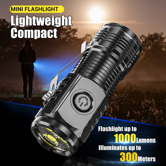 XIWANGFIRE Mini LED Taschenlampe mit 3x F350 LEDs, USB-C wiederaufladbar, Schwarz, mit Magnet und 5 Modi - Bild 1