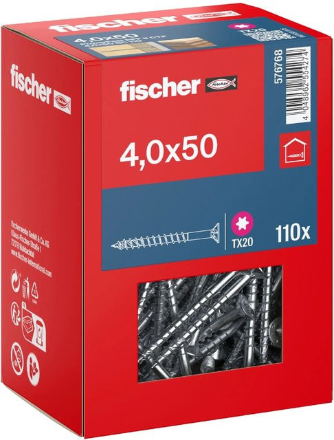 Fischer PowerFast II Senkkopf TX Teilgewinde Schraube aus Stahl, verzinkt, Farbe: Silber, Durchmesser: 4 mm, Länge: 50 mm, 110 Stück - Bild 1