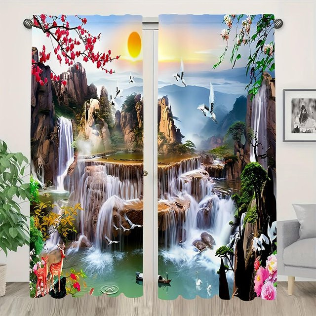 2-teiliger halbverdunkelnder Vorhang mit japanischem Landschafts- und Torii-Tor-Design aus Polyester, modern, mehrfarbig, Breite: 135 cm, Höhe: 185 cm - Bild 1