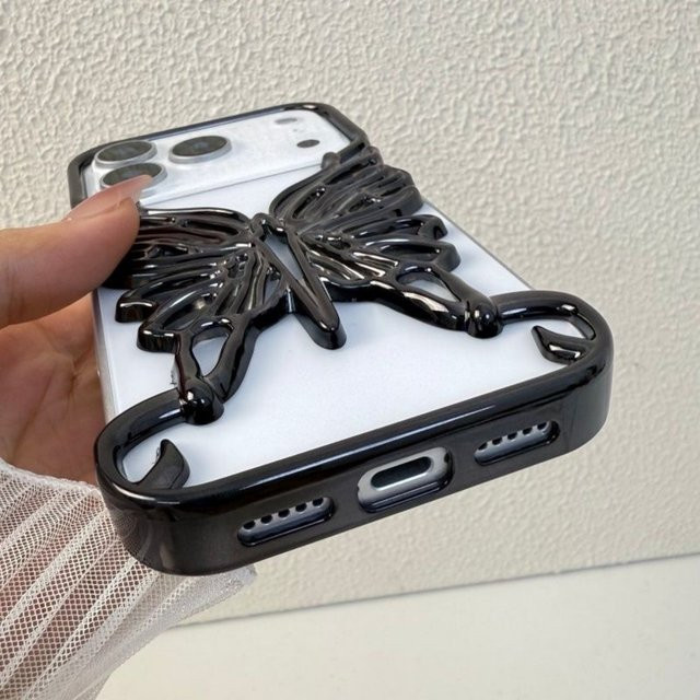 Luxuriöse iPhone Hülle mit künstlerischem Schmetterlings-Design aus hartem PC in Schwarz für Apple iPhone 17, 16, 15, 14, 13, 12, 11 Pro Max Plus mit 3D-Cut-Out-Beschichtung - Bild 1