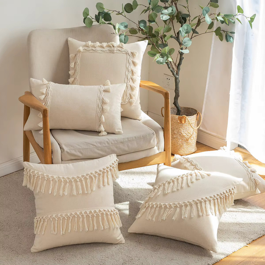 Inyahome Boho Kissenbezüge in Beige mit Quasten im Square-Design - Bild 2