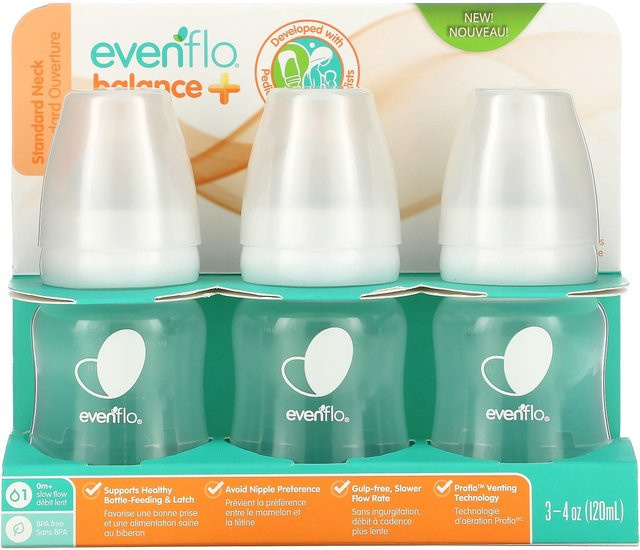 Evenflo Feeding Balance+ Babyflaschen mit Standardverschluss, 3er Set, Blau, 120 ml pro Flasche - Bild 1