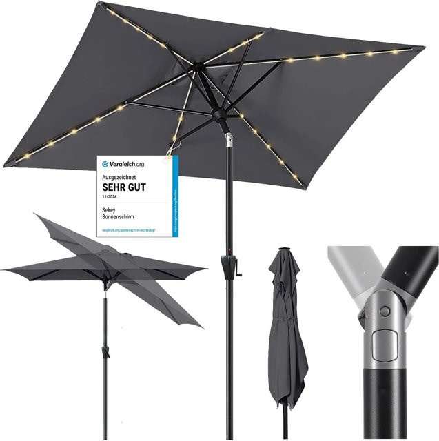 Sekey Sonnenschirm Rechteckig mit LED Solar Beleuchtung aus Polyester und Aluminium, B/T: 300 x 200 cm, Anthrazit - Bild 1