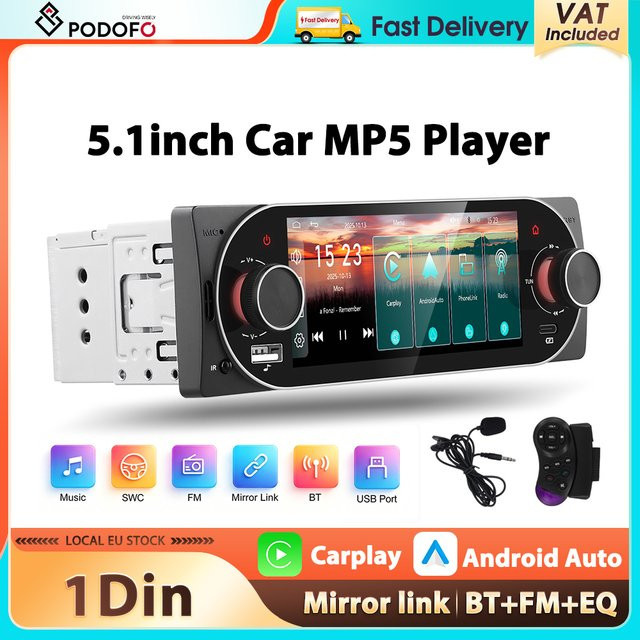 Podofo 1Din MP5 Multimedia-Player mit 5,1 Zoll Display, kabellosem CarPlay, Android Auto, Bluetooth und Mirror Link in Schwarz - Bild 1