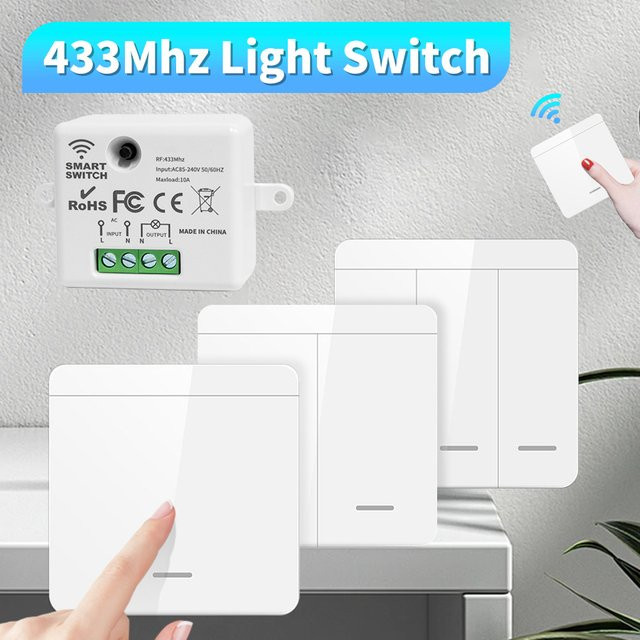 GGBEE Kabelloser RF 433MHz Wandpanel-Schalter mit Fernbedienung, Mini 10A Relais-Empfänger für LED-Beleuchtung und Lampen, Weiß - Bild 1
