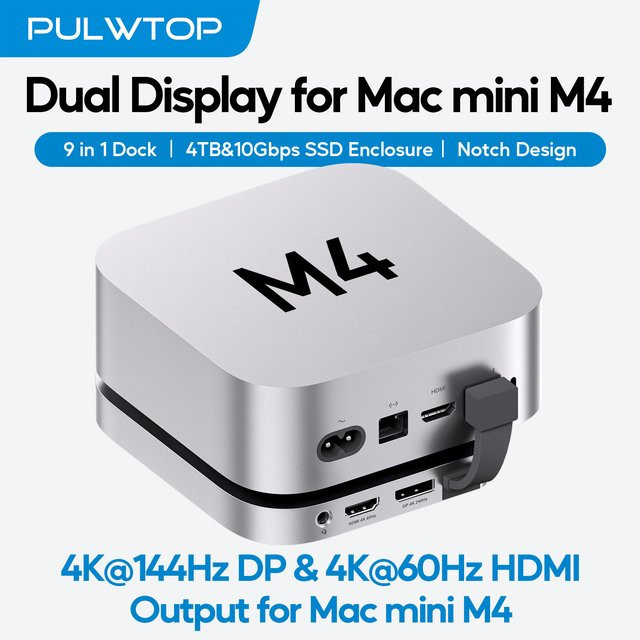 PULWTOP USB C Hub für Mac Mini 2024 in Silber mit DisplayPort, HDMI, 3 USB A 2.0, SD/TF, Audio/Mic und 4 TB NVMe SSD-Gehäuse - Bild 1