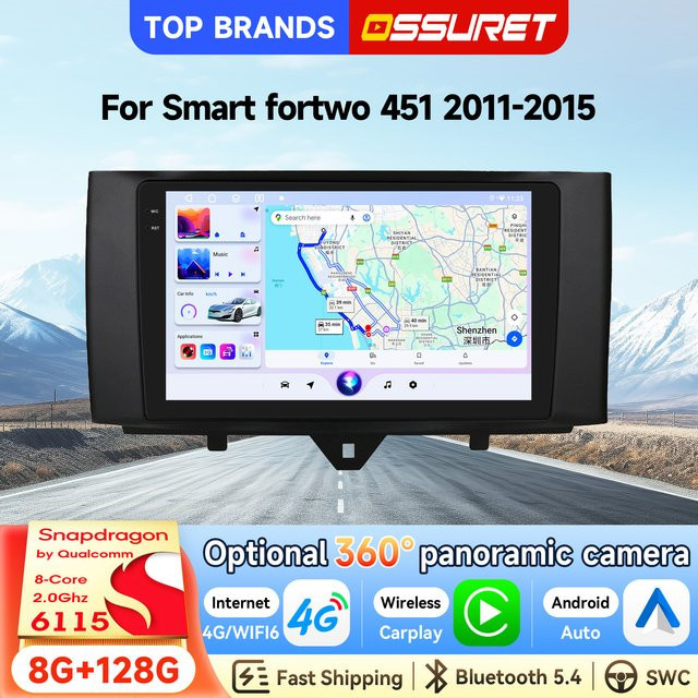 OSSURET Android 14 Autoradio für Smart fortwo 451 (2011-2015), 9 Zoll Display, Snapdragon 6115 Octa Core, kabelloses CarPlay und Android Auto, GPS-Navigation, Bluetooth, DSP, Schwarz - Bild 1