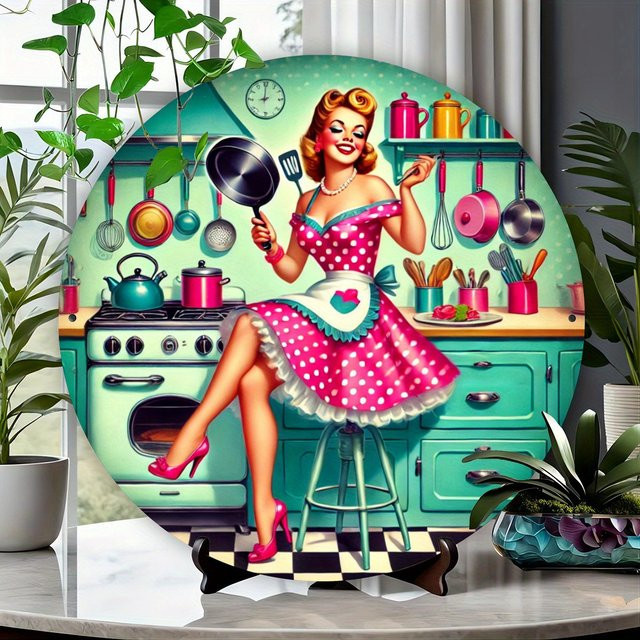 Potdemiel Vintage Küchenszene Metallschild rund, Wandkunst im Retro-Stil, Mehrfarbig, Durchmesser: 19,81 cm - Bild 1