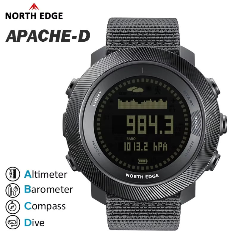 NORTH EDGE Apache-D Digitaluhr, Edelstahl, Schwarz, Herren, 10 ATM, Höhenmesser, Barometer, Kompass - Bild 2