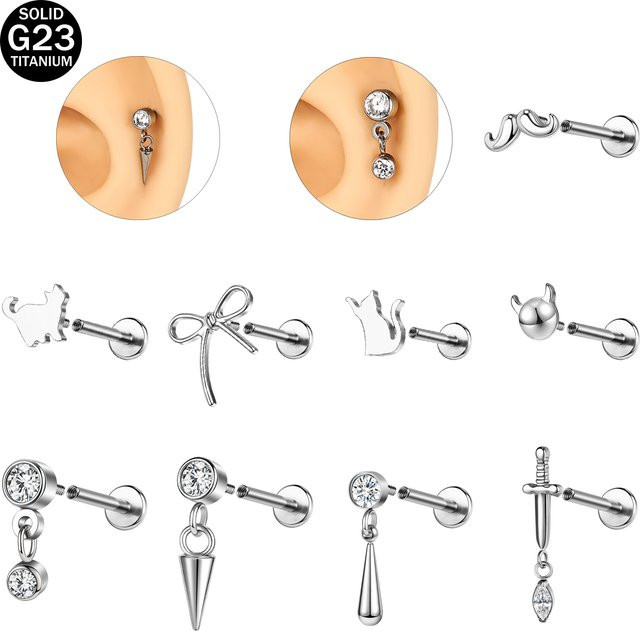 ZS Lip Stud Piercing, Titan, Kristall, Silber, Unisex - Bild 1