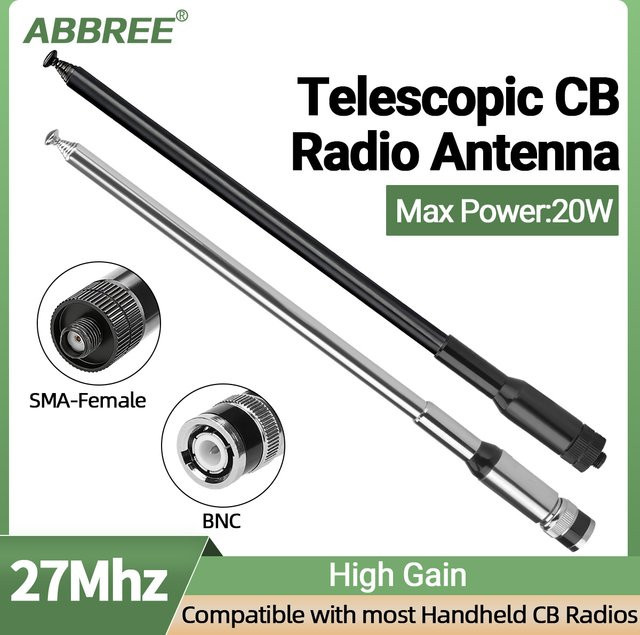 ABBREE CB Teleskopantenne 27 MHz mit BNC/SMA-Buchse in Silber für Baofeng Quansheng UV-K5 Iradio Handheld AM Radio - Bild 1