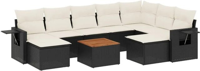 vidaXL 10-tlg. Garten-Sofagarnitur in L-Form aus Polyrattan und Akazienholz mit Kissen in Schwarz-Creme - Bild 1