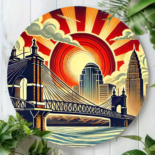 CIFBUY Cincinnati Reds Skyline Metallwandkunst Roebling Bridge Rundes Wanddekor Multicolour Durchmesser: 19,81 cm - Bild 1