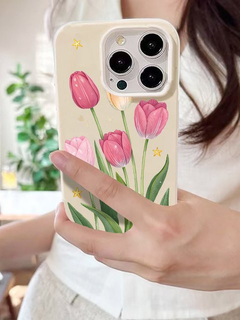 Silikon Handyhülle mit rosa Tulpenblumen für Apple iPhone 11 12 13 14 15 16 17 Pro Max Plus XS X XR in Pink und Multicolour - Bild 1