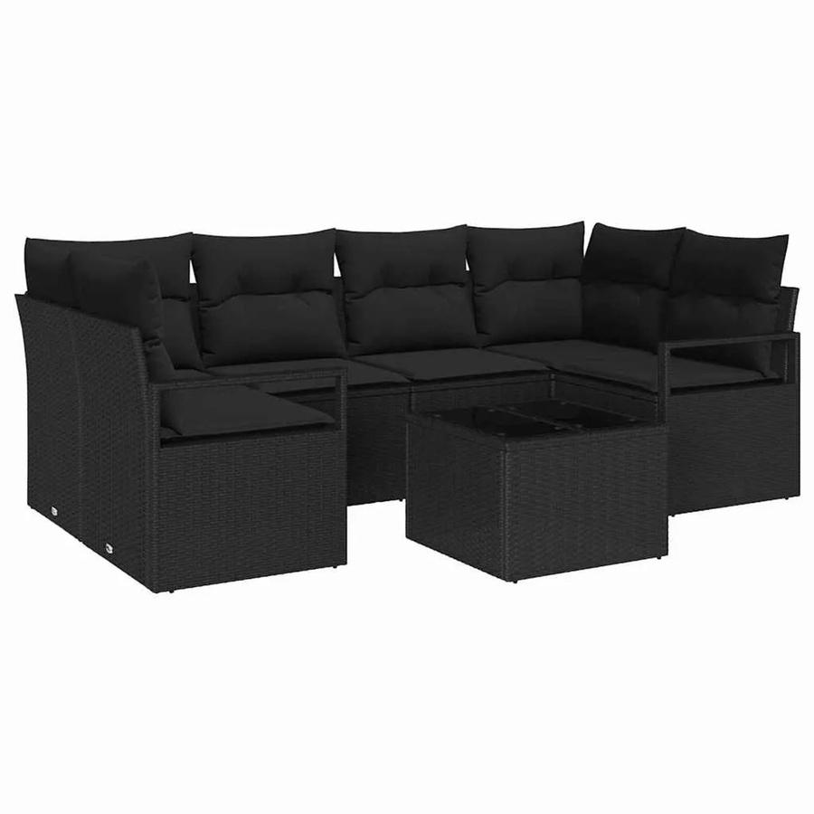 vidaXL Garten-Sofa-Set 7-teilig in Schwarz aus Poly-Rattan und Stahl mit Couchtisch aus Glas - Bild 2