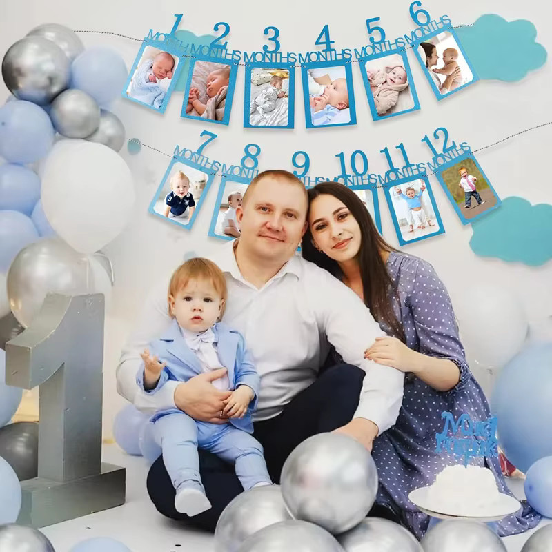 Baby Erster Geburtstag Banner Foto-Wachstumsprotokoll 1-12 Monate Dekoration in Blau aus Papier - Bild 2