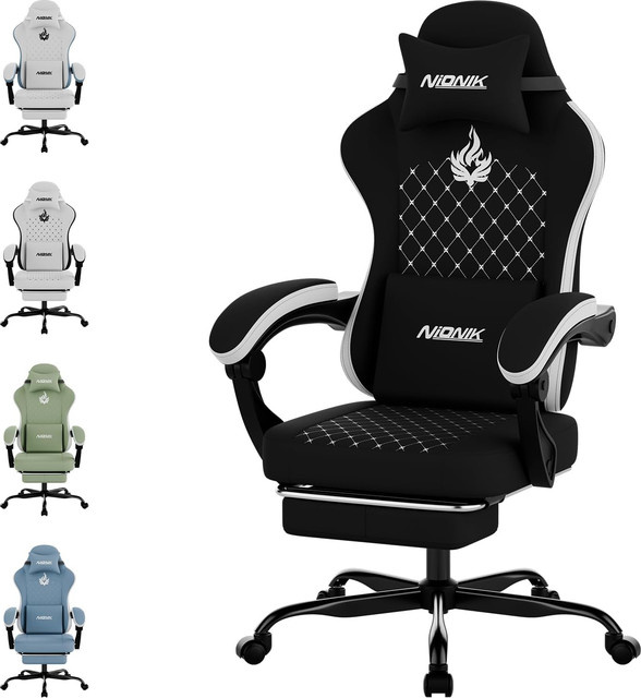 Ergonomischer SUKIDA Gaming-Stuhl mit hoher Rückenlehne und Fußstütze in Schwarz-Weiß aus Kunstleder für Erwachsene - Bild 1