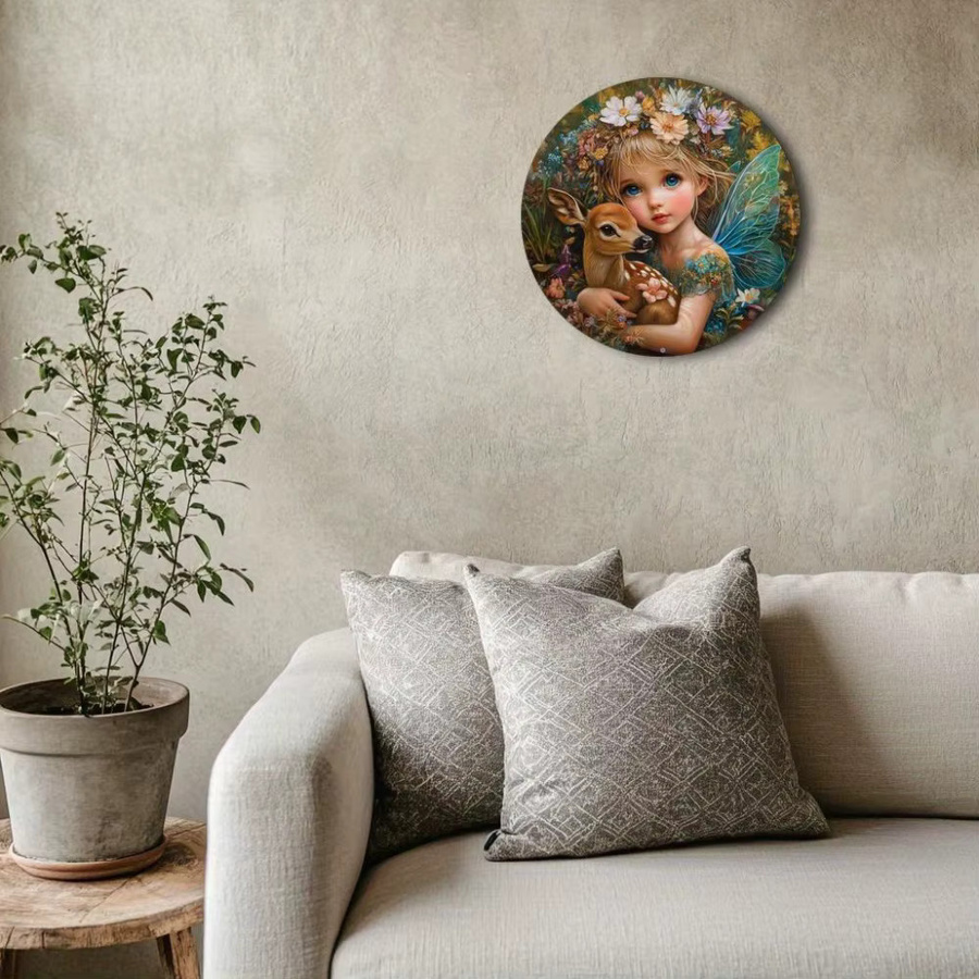 CIFBUY Klassischer runder Wandbehang aus Metall mit Elfen-Fee-Hirsch-Illustration in Multicolour für die Weihnachtsdekoration - Bild 4