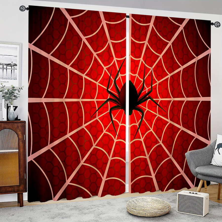 Yiran Furniture Vorhänge mit Spinnen-Motiv in Schwarz und Rot, 2er-Set, halbtransparent, Polyester, B: 100 cm, H: 130 cm - Bild 2