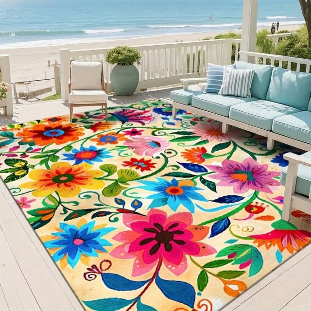 Rutschfester Outdoor-Teppich aus Filz in Beige mit mexikanischem Blumenmuster im Boho-Stil für Terrasse und Boden - Bild 1