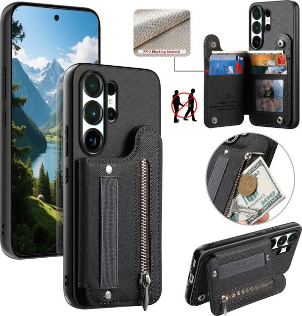 Leder-Handyhülle mit Reißverschluss, Kartenfächern und Ständerfunktion für Samsung Galaxy S26 S25 S24 S23 S22 Ultra Plus FE in Schwarz - Bild 1