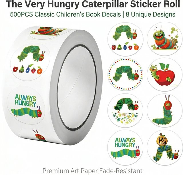 500 Stück Greedy Eat Rich Raupe Aufkleber in 8 Designs, rund, Durchmesser: 2,5 cm, multicolor - Bild 1