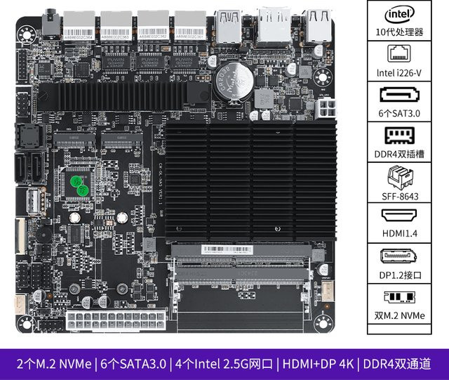 YiHESZ Industrie-Motherboard für NAS mit J4125/N5105 Prozessor, 4x 2.5G I225 Netzwerk, 2 M.2-Steckplätzen, 6x SATA und DisplayPort, Schwarz - Bild 1