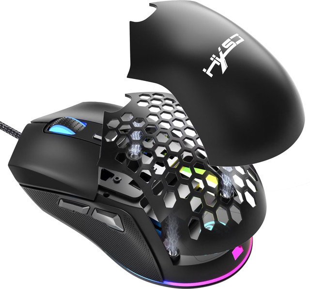 HXSJ RGB-Gaming-Maus mit 7200 CPI, USB-Anschluss, geflochtenem Kabel und austauschbarer Rückseite in Schwarz - Bild 1