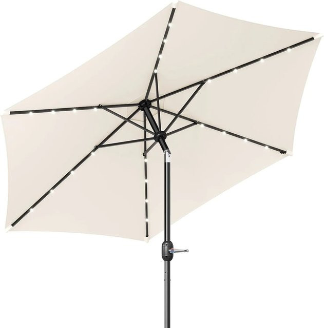WOLTU Sonnenschirm mit LED-Solar-Beleuchtung und Schutzhülle, Kurbelmechanismus, Beige oder Grau - Bild 1